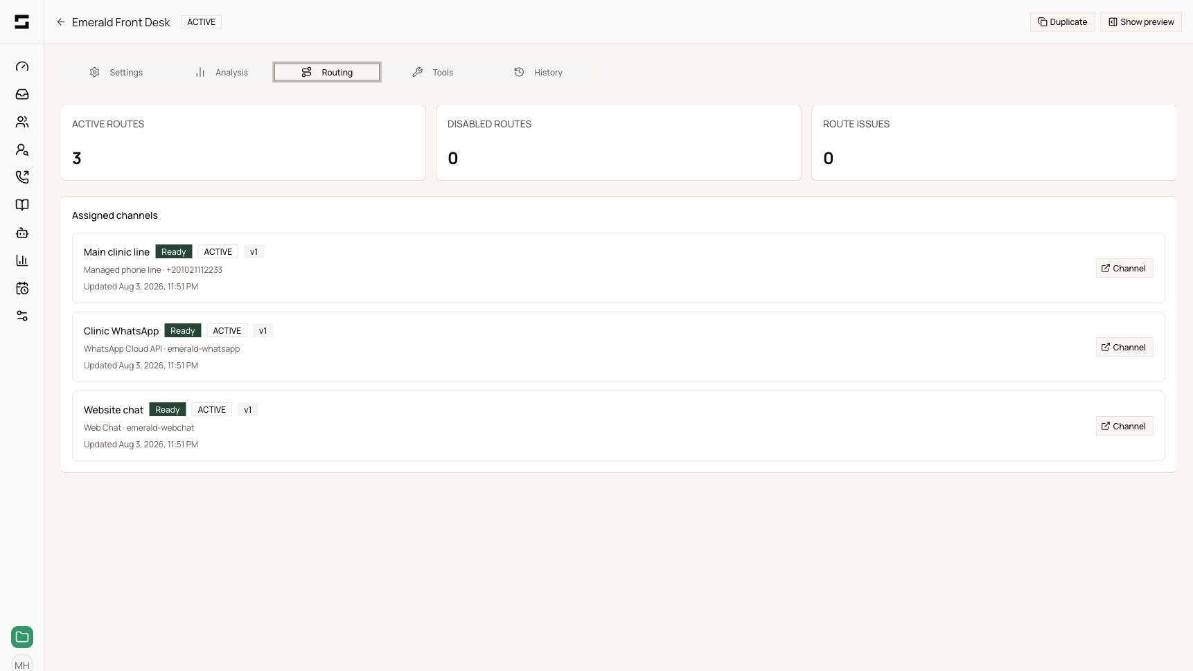 Reframe AI agent routing view showing three active channel routes with no disabled routes or routing issues