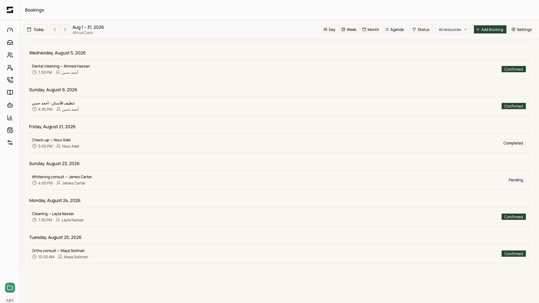 Reframe bookings agenda showing confirmed, completed, and pending customer appointments